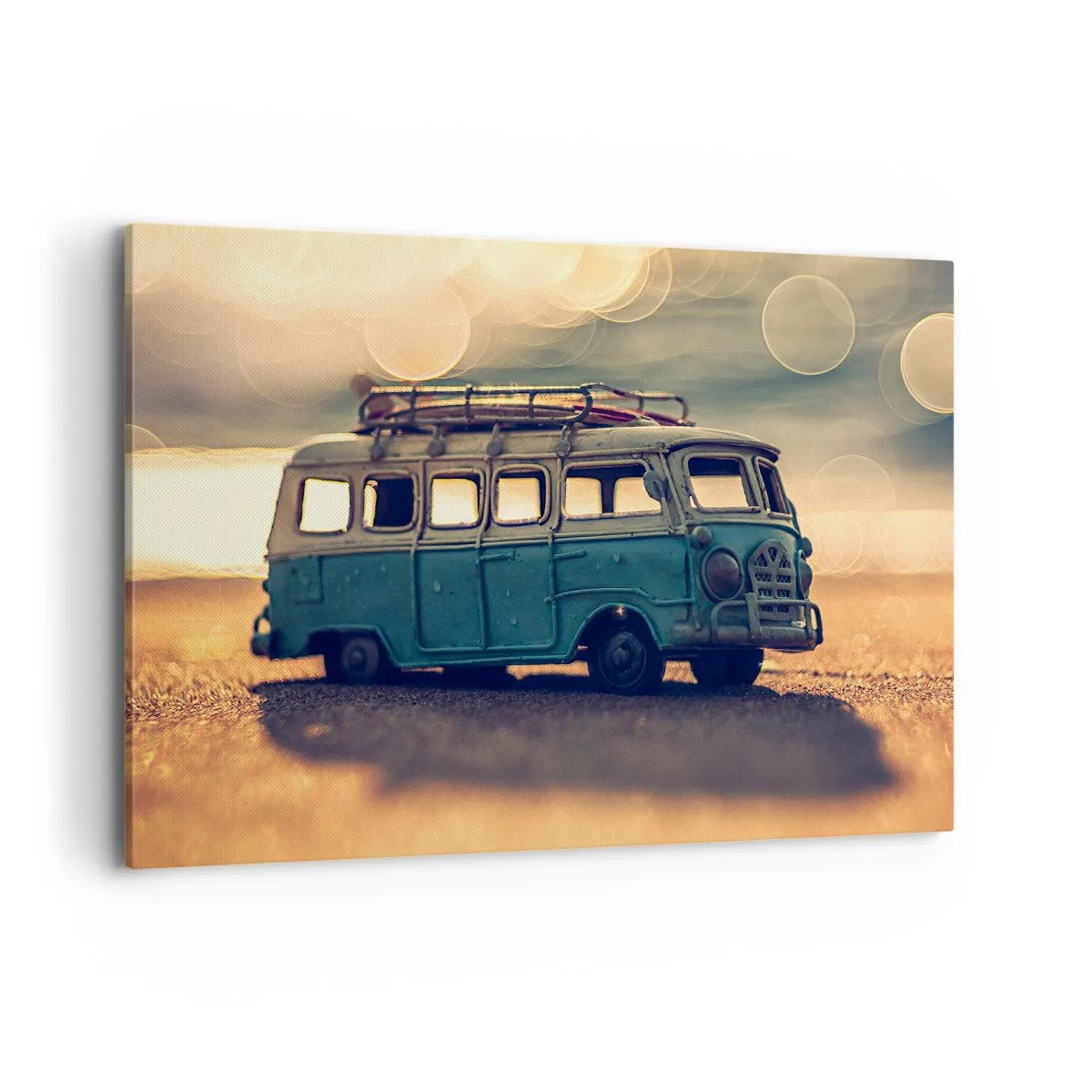Impression sur toile - Image sur toile - Bus rétro contre une lumière floue - 100x70cm - La fin des idoles : argent et travail - Décoration murale moderne pour le salon et la chambre ARTTOR