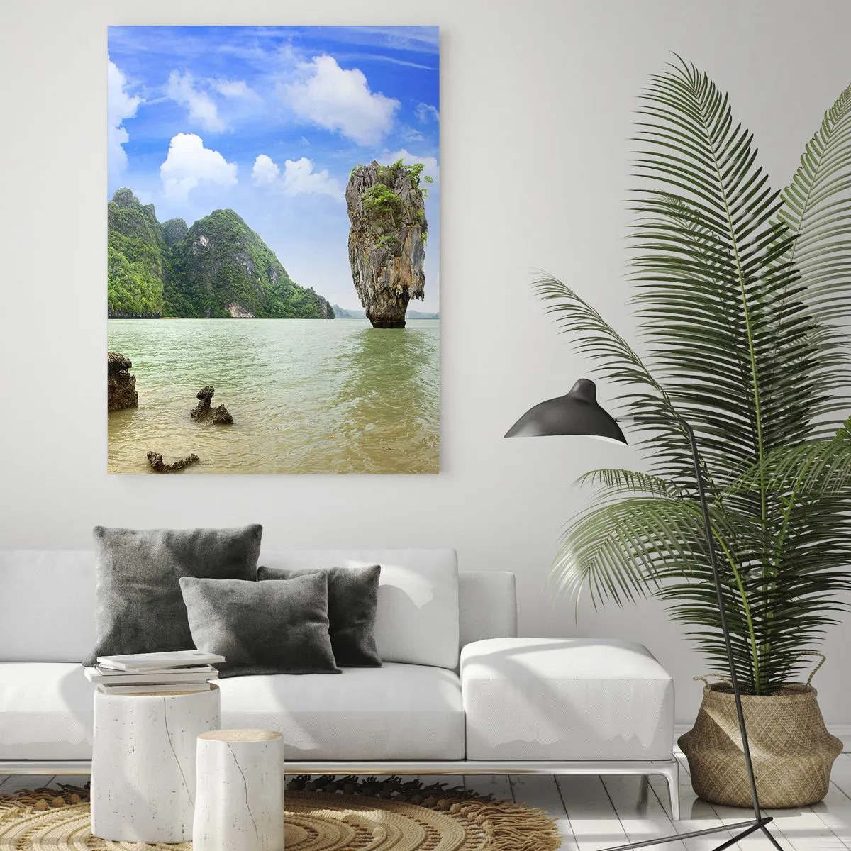 Impression sur verre - Image sur verre - Une formation rocheuse exotique entourée d'eau et de verdure sous un ciel bleu. - 80x120cm - Merveilles rocheuses de la nature - Décoration murale moderne pour le salon et la chambre ARTTOR