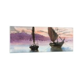 Impression sur verre - Image sur verre - Deux voiliers amarrés sur une eau calme au crépuscule - 140x50cm - Soirée au port - Décoration murale moderne pour le salon et la chambre ARTTOR