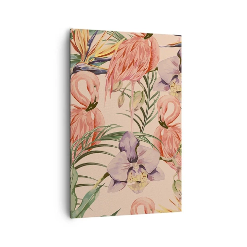 Impression sur toile - Image sur toile - Flamants roses et fleurs tropicales sur fond clair - 80x120cm - Ballet rose dans les fleurs - Décoration murale moderne pour le salon et la chambre ARTTOR