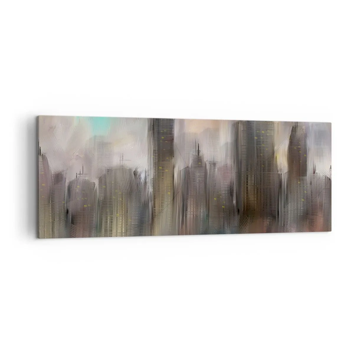 Impression sur toile - Image sur toile - Une vision artistique d'un paysage urbain avec des gratte-ciels aux couleurs pastel. - 140x50cm - Une composition d'acier, de pierre et de brouillard - Décoration murale moderne pour le salon et la chambre ARTTOR