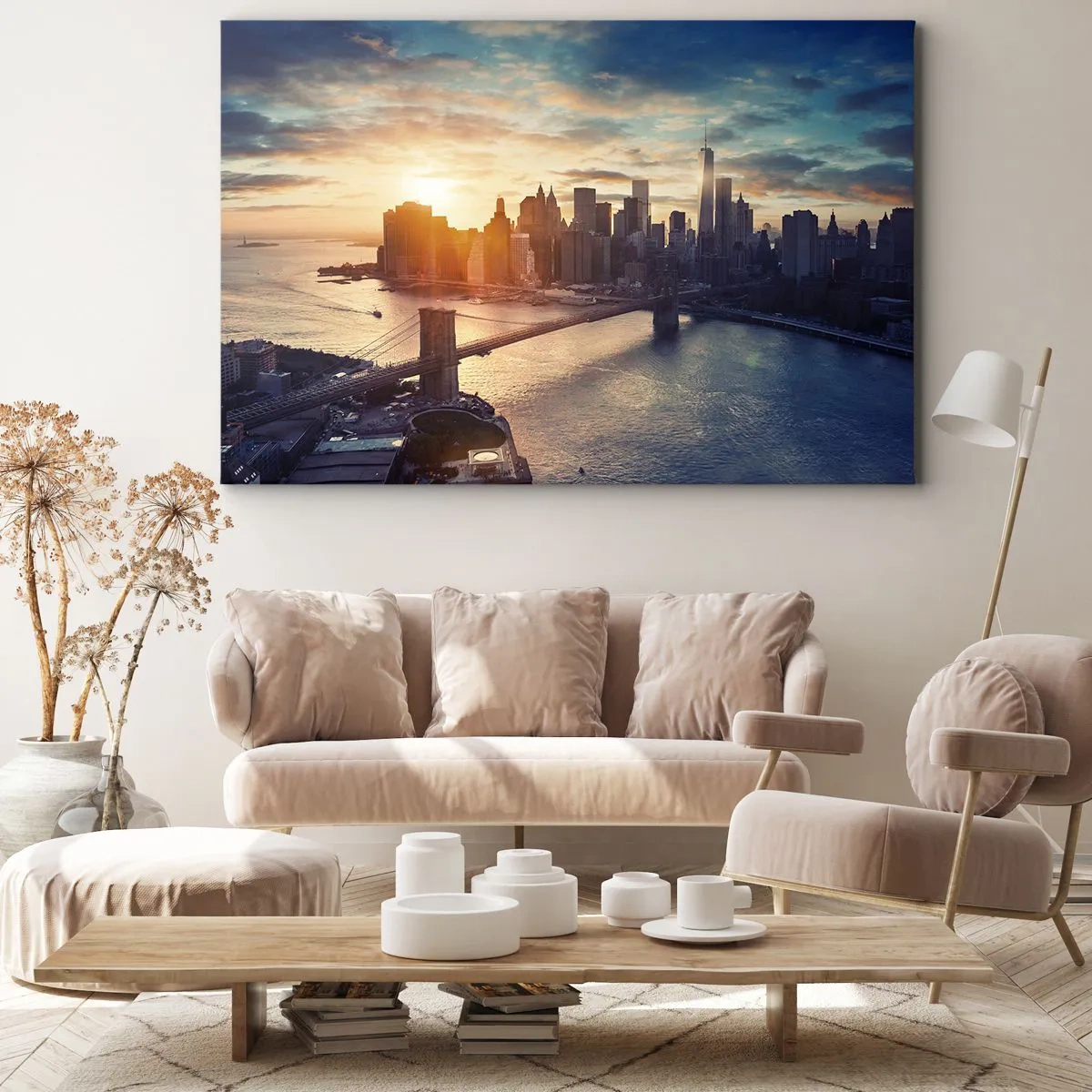 Impression sur toile - Image sur toile - Panorama de la ville avec le pont et la rivière à la lumière du soleil couchant - 100x70cm - Monument de la culture occidentale - Décoration murale moderne pour le salon et la chambre ARTTOR