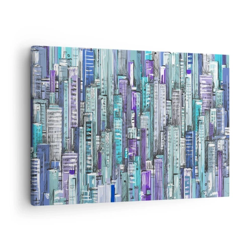 Impression sur toile - Image sur toile - Illustration d'une ville avec des bâtiments géométriques dans des tons de bleu et de violet. - 70x50cm - Bleuâtre avec le ciel - Décoration murale moderne pour le salon et la chambre ARTTOR