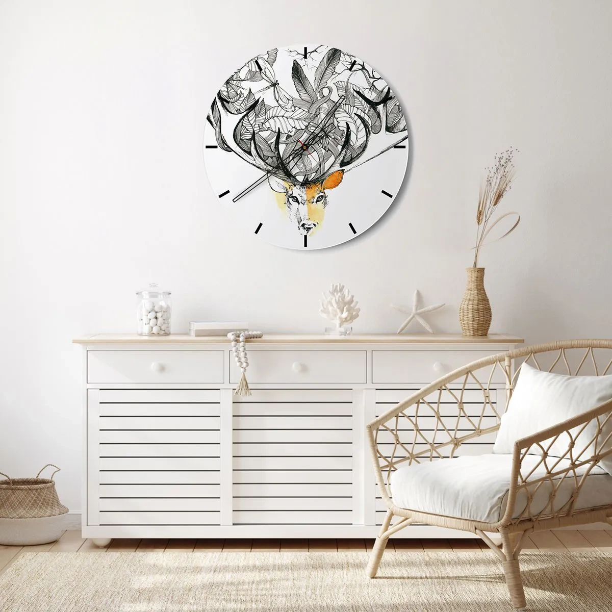 Horloge murale - Pendule murale - Dessin artistique d'un cerf aux bois étalés et aux feuilles - 30x30cm - Corne d'abondance - Décoration murale moderne pour le salon, la cuisine et la chambre ARTTOR