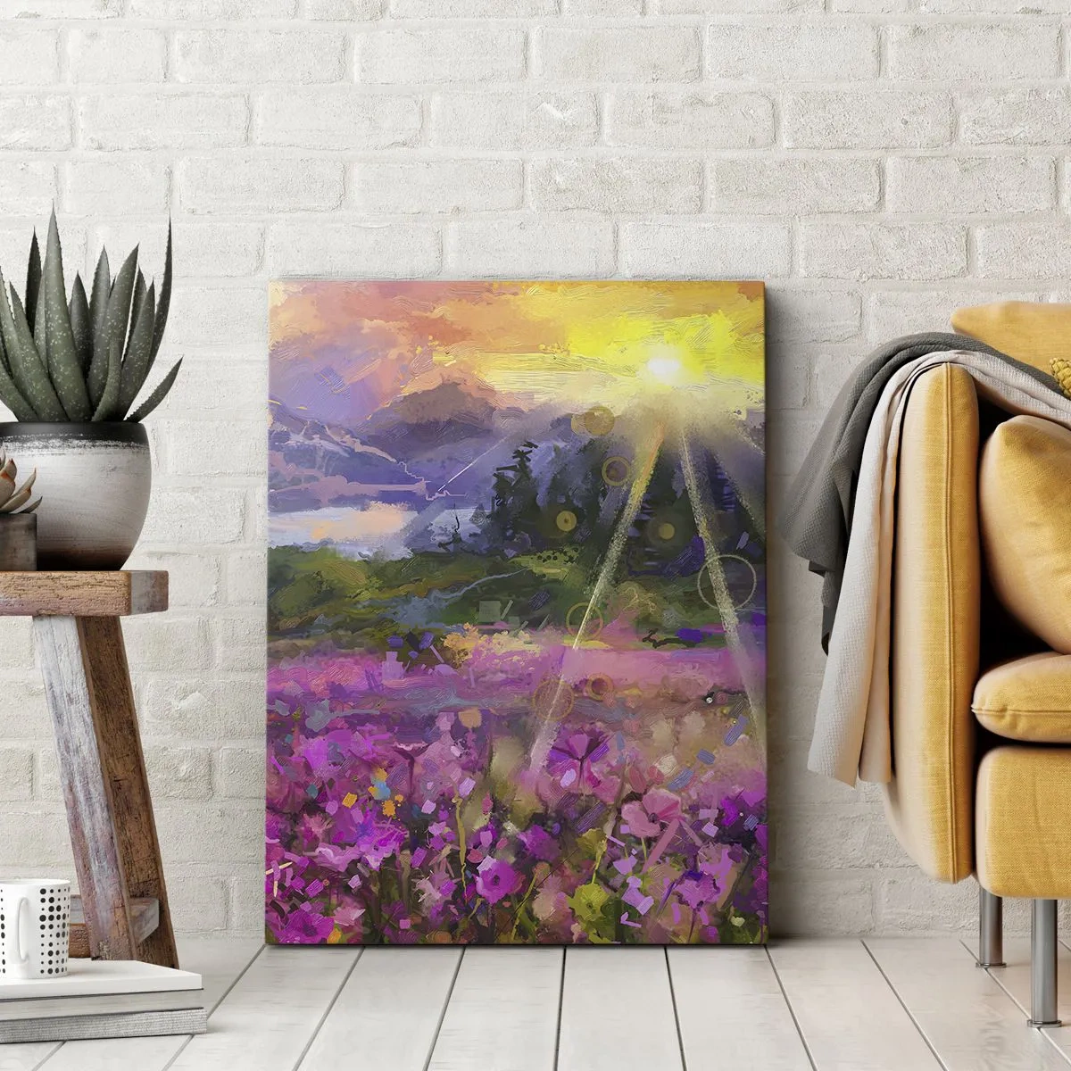 Impression sur toile - Image sur toile - Une prairie pittoresque sous les rayons du soleil couchant - 50x70cm - Dans la vallée à l'abri du soleil - Décoration murale moderne pour le salon et la chambre ARTTOR