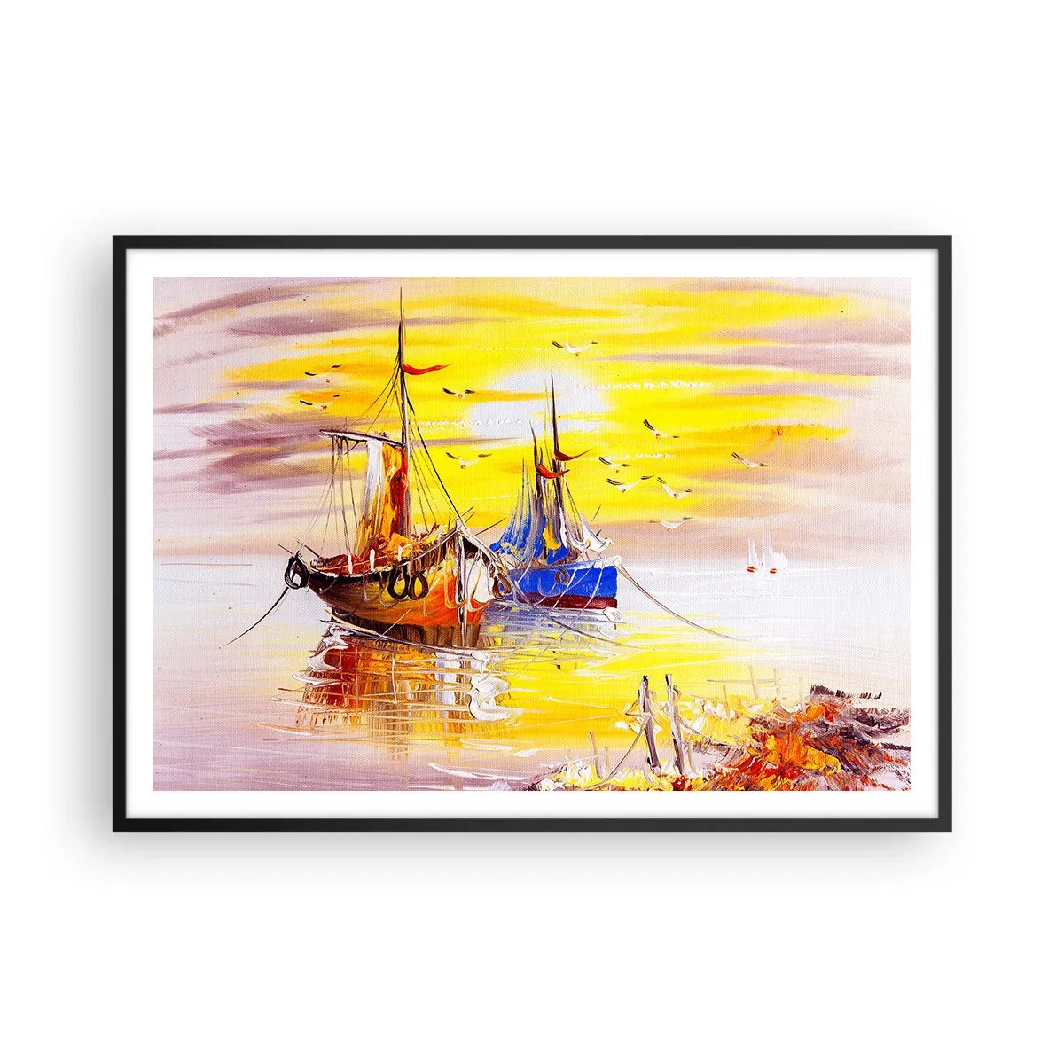 Affiche dans un cadre noir - Poster - Une scène picturale de bateaux sur une mer calme - 100x70cm - Un repos bien mérité au port - Décoration murale moderne pour le salon et la chambre ARTTOR