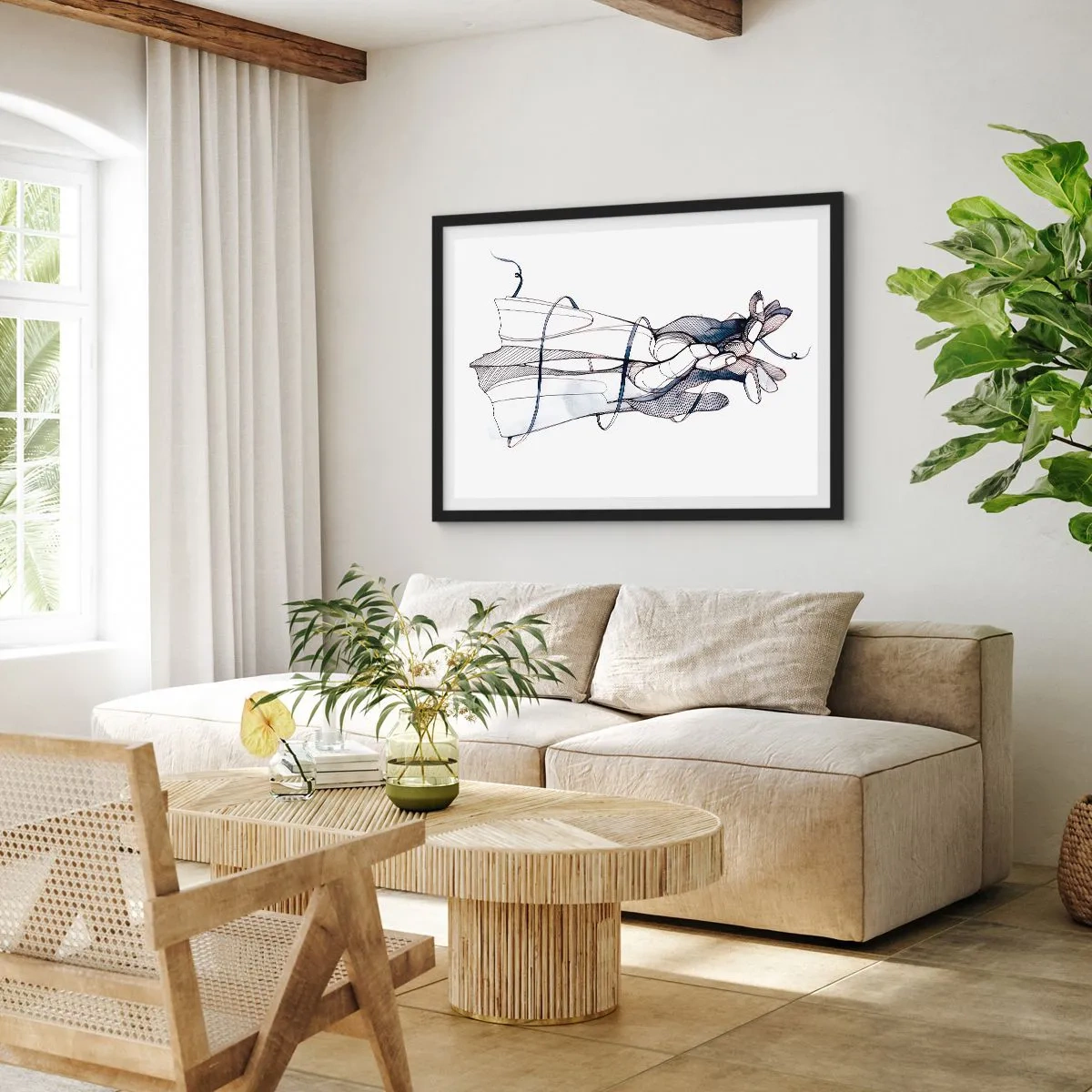 Affiche dans un cadre noir - Poster - Un dessin subtil d'une main avec une fleur délicate - 70x50cm - Étude du touché - Décoration murale moderne pour le salon et la chambre ARTTOR