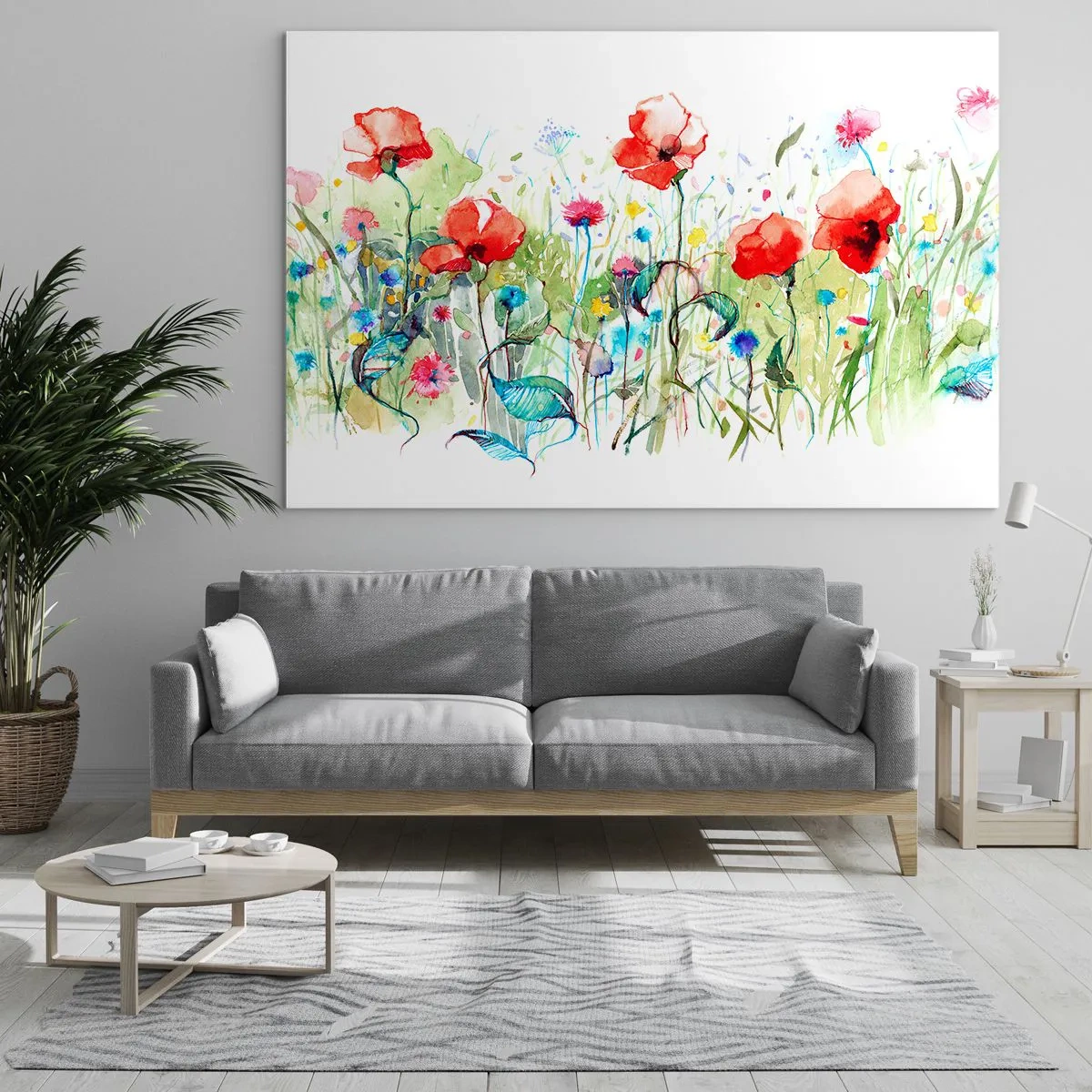 Impression sur verre - Image sur verre - Coquelicots colorés et fleurs sauvages dans un style aquarelle - 70x50cm - Prairie de fleurs en mai - Décoration murale moderne pour le salon et la chambre ARTTOR