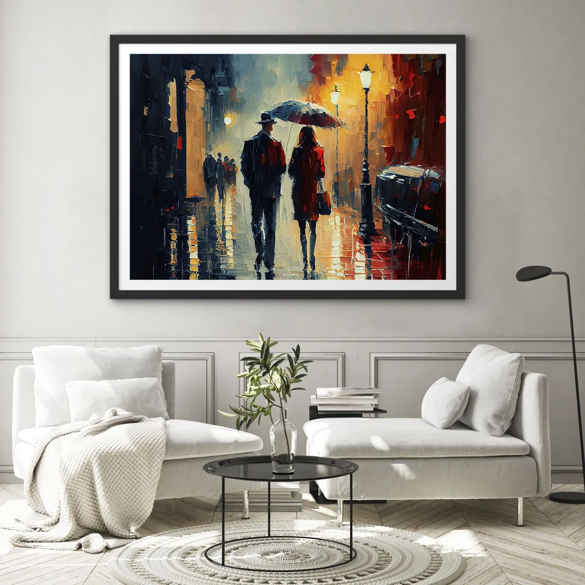 Affiche dans un cadre noir - Poster - Marcher sous la pluie sous un parapluie en ville la nuit - 100x70cm - Histoire d'amour urbaine - Décoration murale moderne pour le salon et la chambre ARTTOR