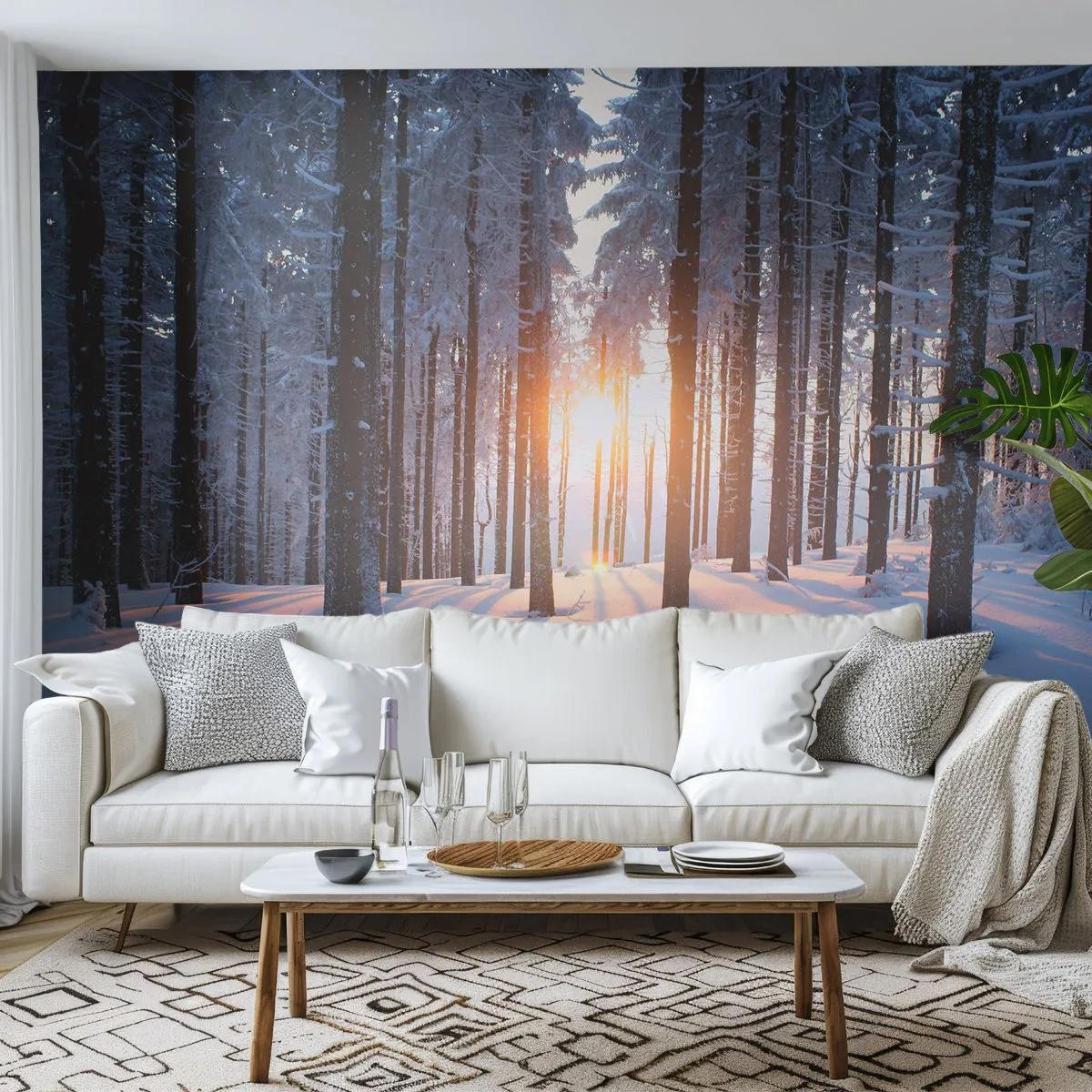 Papier Peint Photo Premium Sand - Forêt d'hiver avec rayons de soleil - 100x70cm - Clairement en noir et blanc - Décoration murale moderne pour le salon et la chambre ARTTOR