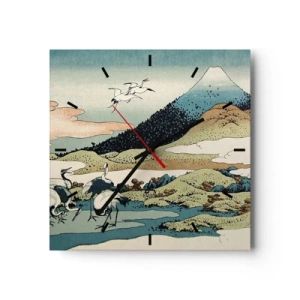 Horloge murale - Pendule murale - Graphismes japonais traditionnels avec des montagnes et des grues - 30x30cm - Avec une âme japonnaise - Décoration murale moderne pour le salon et la chambre ARTTOR