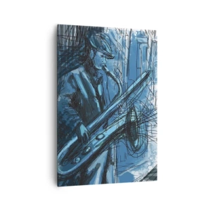 Impression sur toile - Image sur toile - Une silhouette jouant du saxophone sur fond de ville - 70x100cm - Rhapsodie urbaine - Décoration murale moderne pour le salon et la chambre ARTTOR