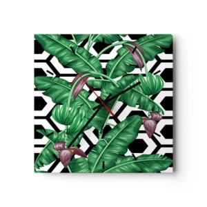 Horloge murale - Pendule murale - Feuilles tropicales sur fond géométrique - 30x30cm - Une composition symétrique par nature - Décoration murale moderne pour le salon et la chambre ARTTOR