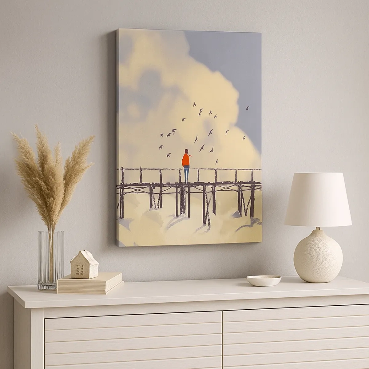 Impression sur toile - Image sur toile - Une silhouette sur un pont parmi les nuages avec des oiseaux dans le ciel - 50x70cm - Bleu nostalgie - Décoration murale moderne pour le salon et la chambre ARTTOR