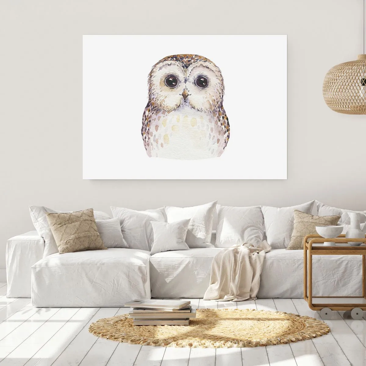 Affiche - Poster - Portrait d'un hibou sur fond clair aux couleurs délicates - 100x70cm - Regarde-moi dans les yeux - Décoration murale moderne pour le salon et la chambre ARTTOR