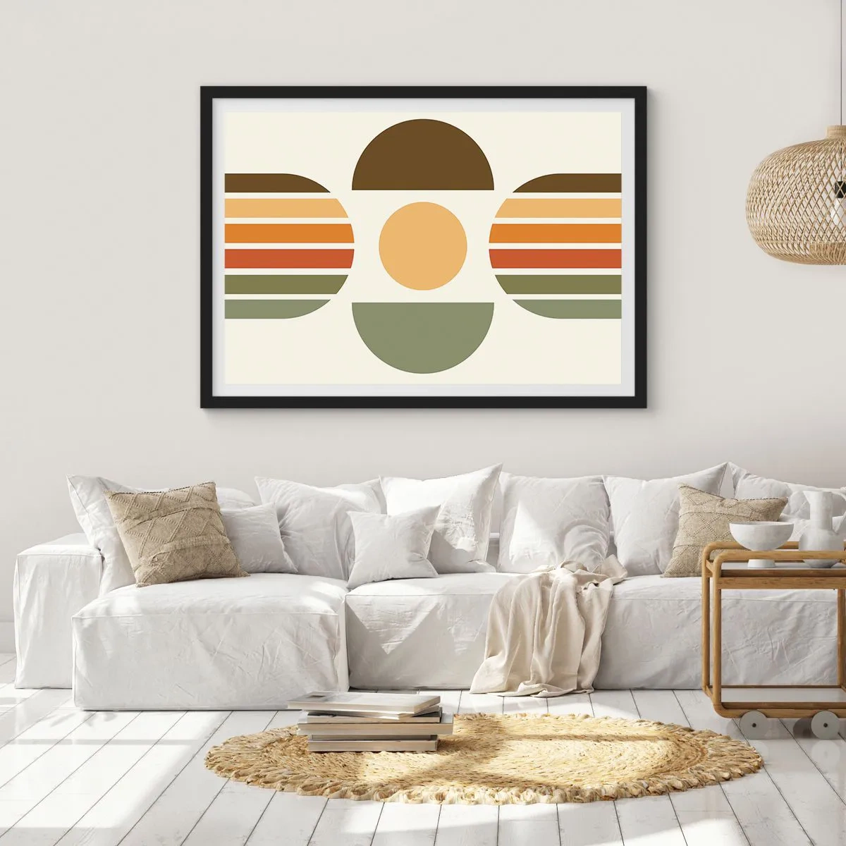 Affiche dans un cadre noir - Poster - Composition géométrique avec des demi-cercles et des rayures dans des tons terreux - 100x70cm - Dans les coulaurs de la terre - Décoration murale moderne pour le salon et la chambre ARTTOR
