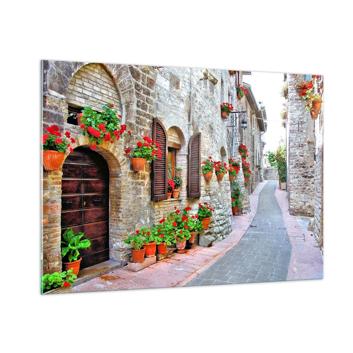 Impression sur verre - Image sur verre - Une rue pittoresque avec des murs de pierre et des fleurs rouges - 100x70cm - Ambiance italienne - Décoration murale moderne pour le salon et la chambre ARTTOR