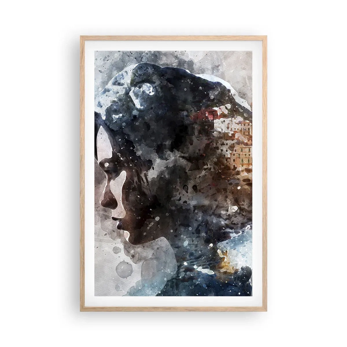 Affiche dans un chêne clair - Poster - L'histoire d'une fille avec une ville en arrière-plan - 61x91 cm