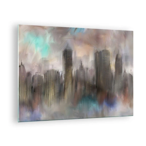 Impression sur verre - Image sur verre - Image abstraite d'une ville avec des gratte-ciel - 70x50cm - Une composition d'acier, de pierre et de brouillard - Décoration murale moderne pour le salon et la chambre ARTTOR