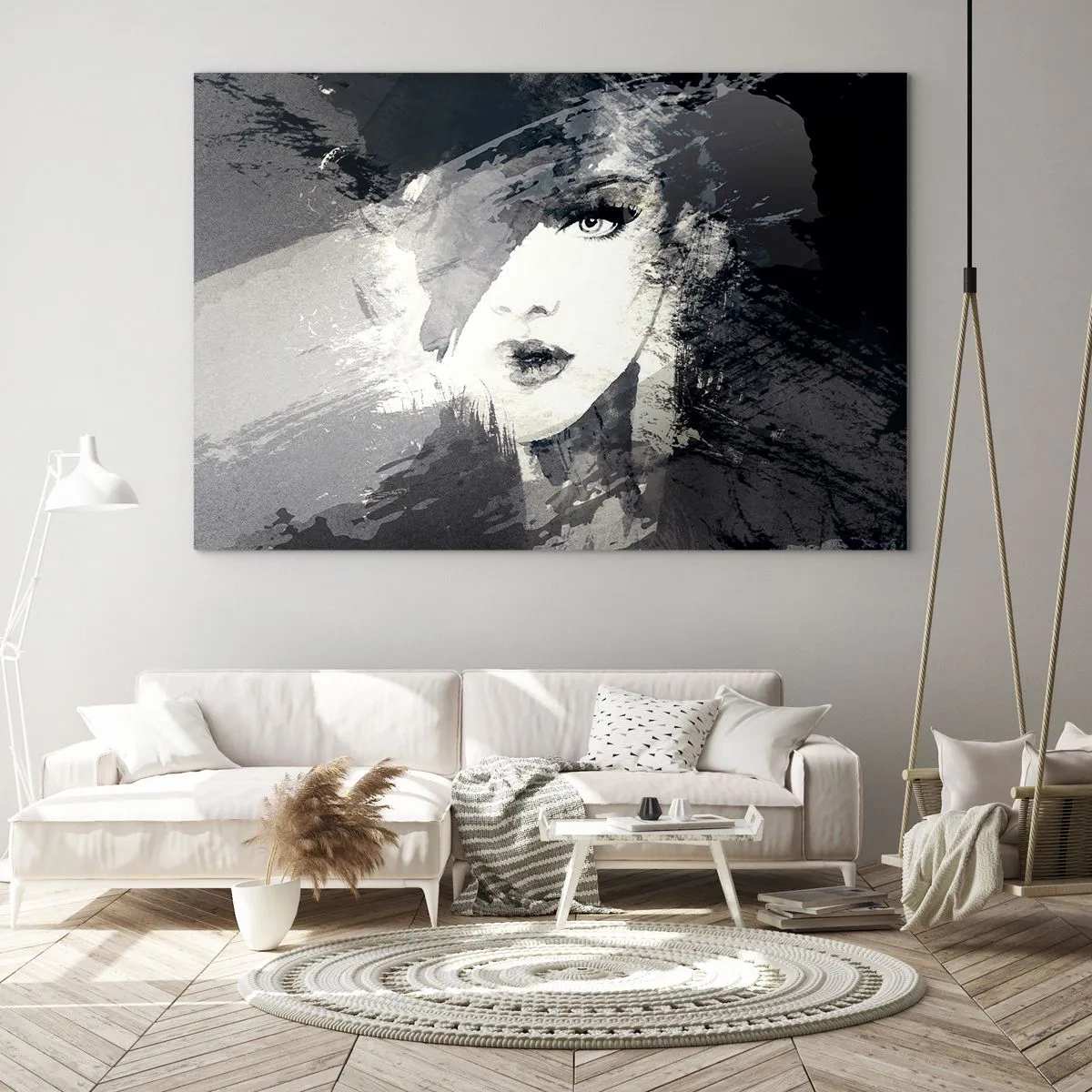 Impression sur verre - Image sur verre - Le visage d'une femme est partiellement recouvert de taches grises abstraites. - 100x70cm - Derrière un voile gris - Décoration murale moderne pour le salon et la chambre ARTTOR