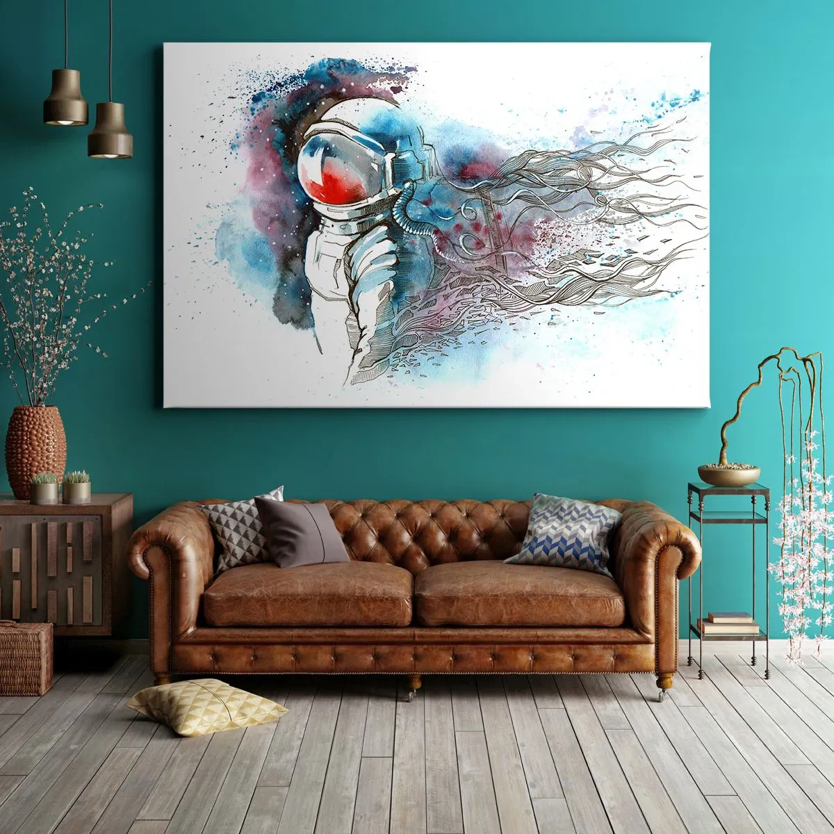 Impression sur toile - Image sur toile - Un cosmonaute dans une aquarelle dynamique avec des détails cosmiques - 70x50cm - Seul avec l'espace - Décoration murale moderne pour le salon et la chambre ARTTOR