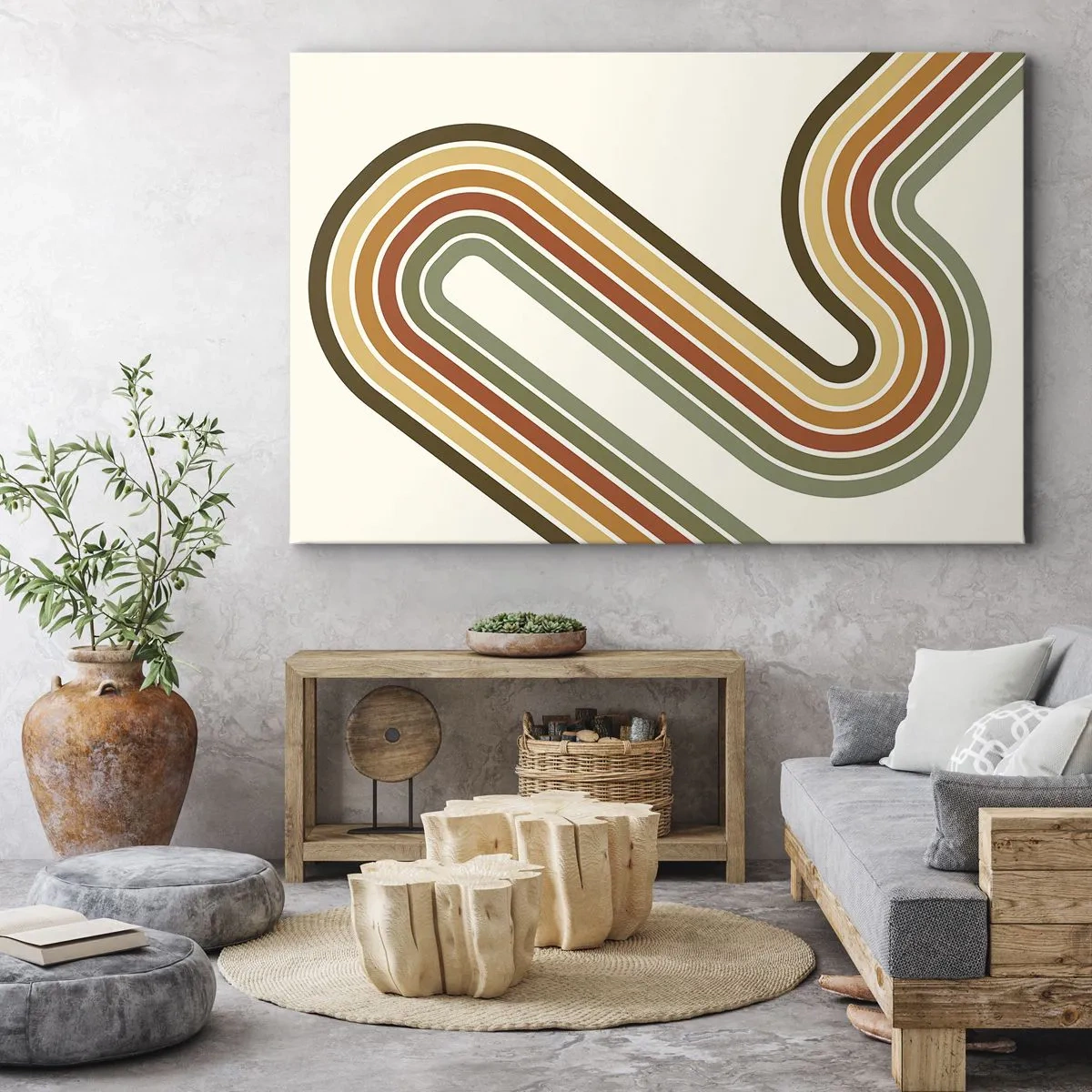 Impression sur toile - Image sur toile - Motif géométrique dans les tons de vert, orange et beige sur fond clair - 120x80cm - En zig zag vers le but - Décoration murale moderne pour le salon et la chambre ARTTOR