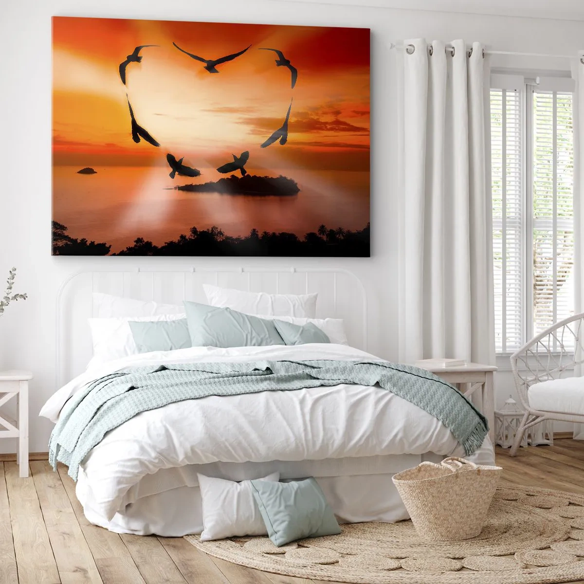 Impression sur toile - Image sur toile - Oiseaux formant un cœur sur fond de soleil couchant - 70x50cm - Aimer le monde comme les oiseaux - Décoration murale moderne pour le salon et la chambre ARTTOR