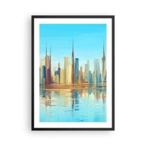Affiche dans un cadre noir - Poster - Panorama coloré de la ville avec reflet dans l'eau - 50x70cm - Une métropole ensoleillée - Décoration murale moderne pour le salon et la chambre ARTTOR