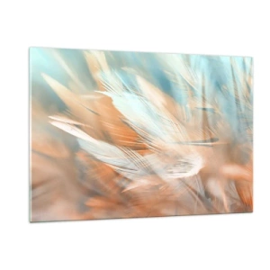 Impression sur verre - Image sur verre - Plumes délicates dans des tons pastel turquoise et pêche - 120x80cm - Au pays de la douceur - Décoration murale moderne pour le salon et la chambre ARTTOR