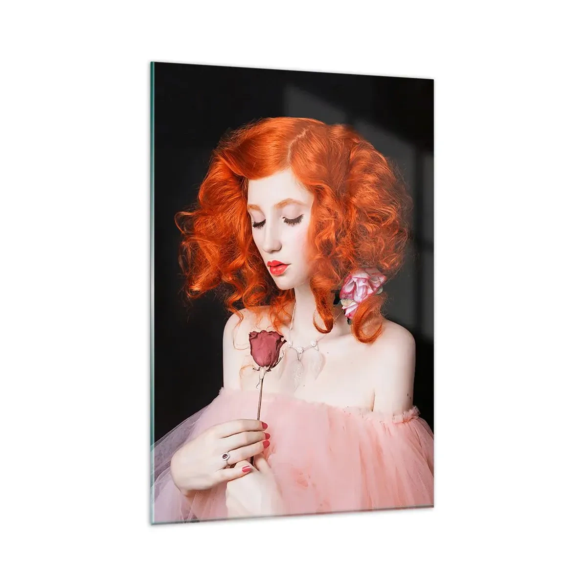 Impression sur verre - Image sur verre - Une femme aux cheveux roux tenant une rose - 80x120cm - De style baroque - Décoration murale moderne pour le salon et la chambre ARTTOR