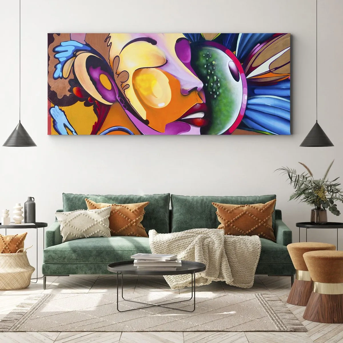 Impression sur toile - Image sur toile - Une abstraction colorée avec un motif de visage dans une composition dynamique - 140x50cm - Toucher avec la couleur - Décoration murale moderne pour le salon et la chambre ARTTOR