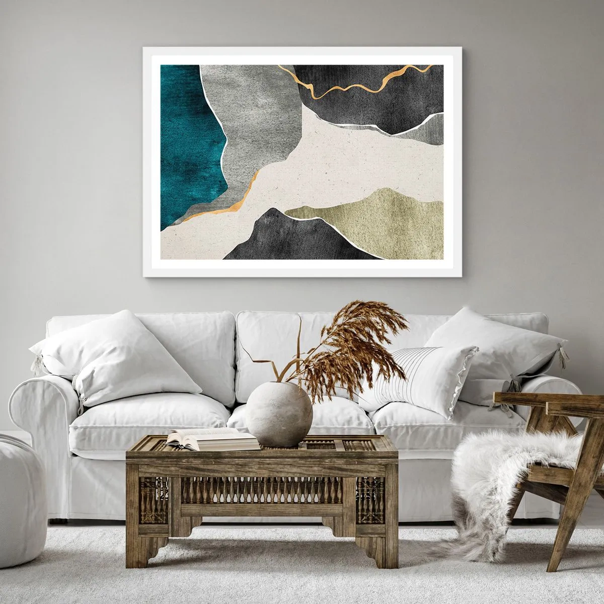 Affiche dans un cadre blanc - Poster - Composition mosaïque avec un fil d'or - 30x30 cm