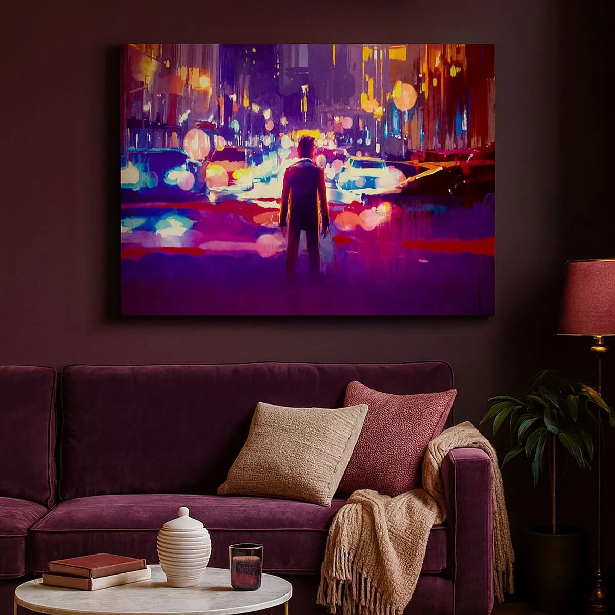 Impression sur toile - Image sur toile - Un homme dans une scène nocturne de ville au néon - 70x50cm - Immergé dans la lumière - Décoration murale moderne pour le salon et la chambre ARTTOR