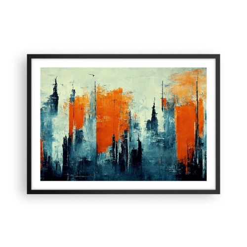 Affiche dans un cadre noir - Poster - Paysage urbain abstrait dans des tons orange et bleu - 70x50cm - Paysage moderne - Décoration murale moderne pour le salon et la chambre ARTTOR