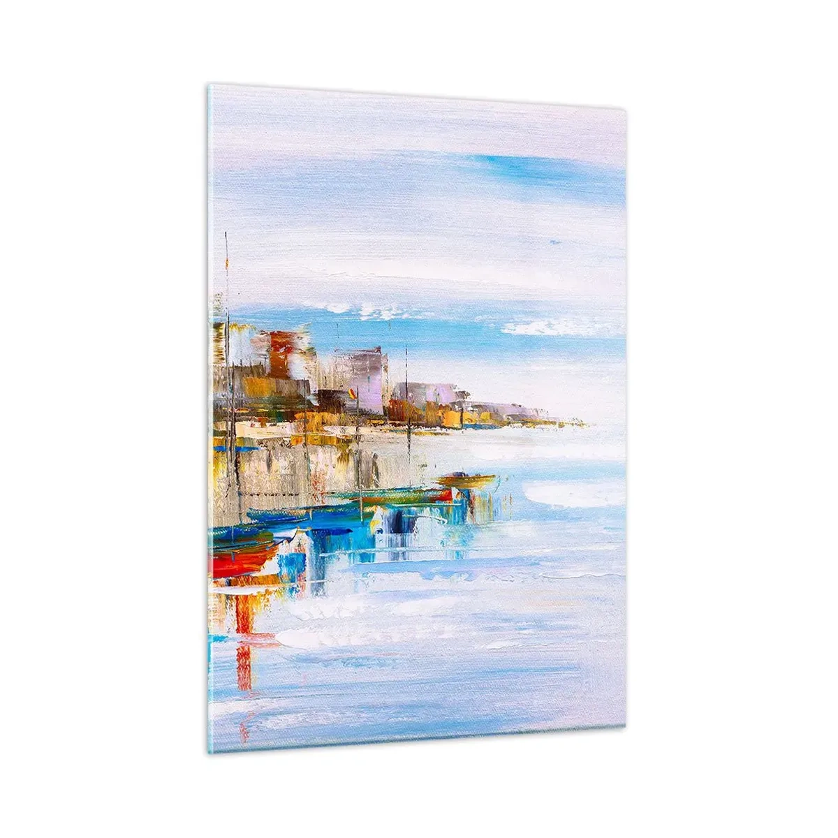 Impression sur verre - Image sur verre - Bateaux colorés amarrés au quai de la ville - 50x70cm - Un havre urbain multicolore - Décoration murale moderne pour le salon et la chambre ARTTOR
