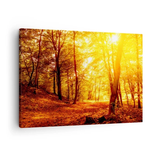 Impression sur toile - Image sur toile - Clairière d'automne sous le soleil doré avec un sentier forestier - 70x50cm - Vers la clairière dorée - Décoration murale moderne pour le salon et la chambre ARTTOR