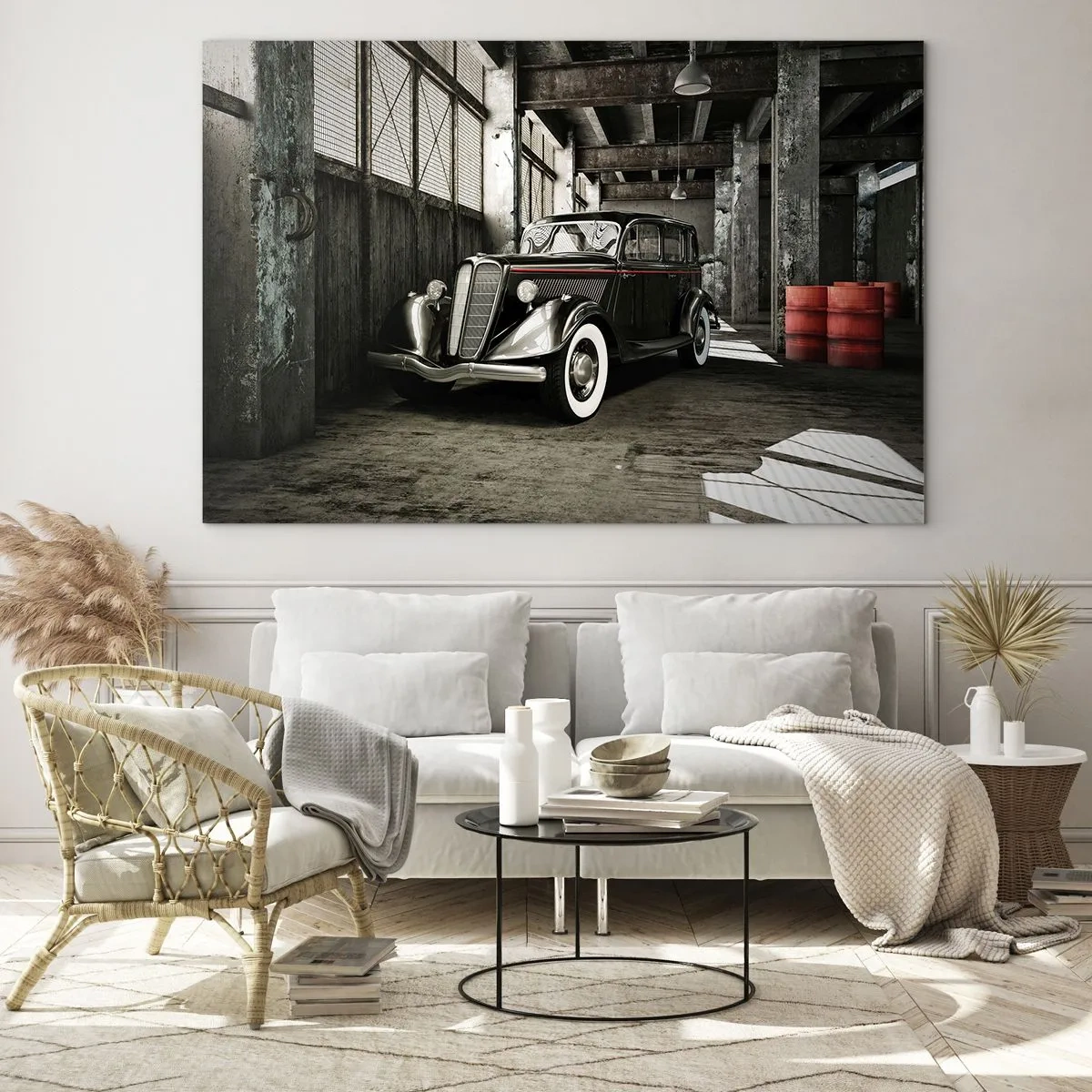 Impression sur verre - Image sur verre - Une voiture ancienne dans un garage élégant - 70x50cm - L'élégance éternelle des années 30 - Décoration murale moderne pour le salon et la chambre ARTTOR