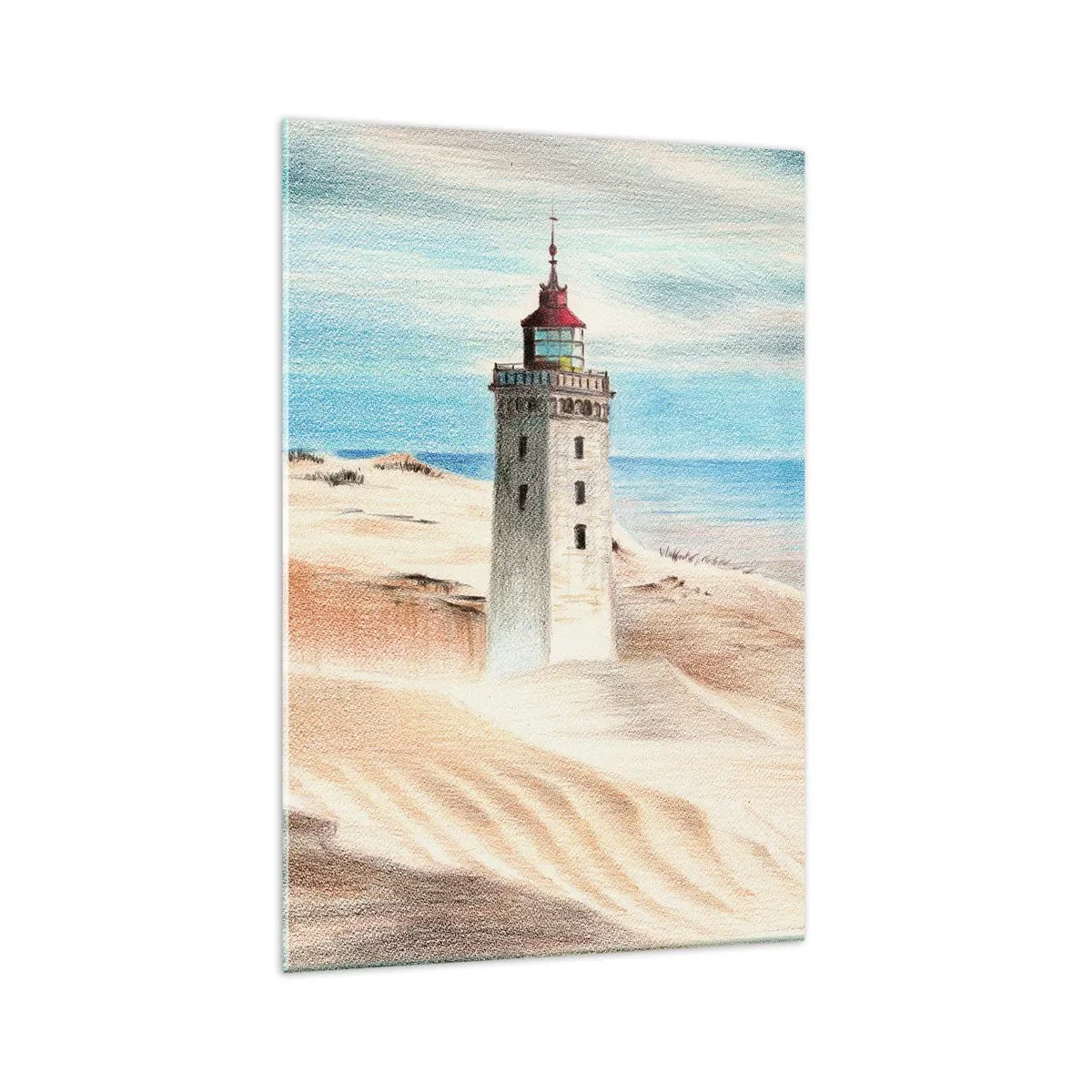 Impression sur verre - Image sur verre - Un phare entouré de dunes de sable et d'un ciel bleu - 70x100cm - Toujours regarder la mer - Décoration murale moderne pour le salon et la chambre ARTTOR