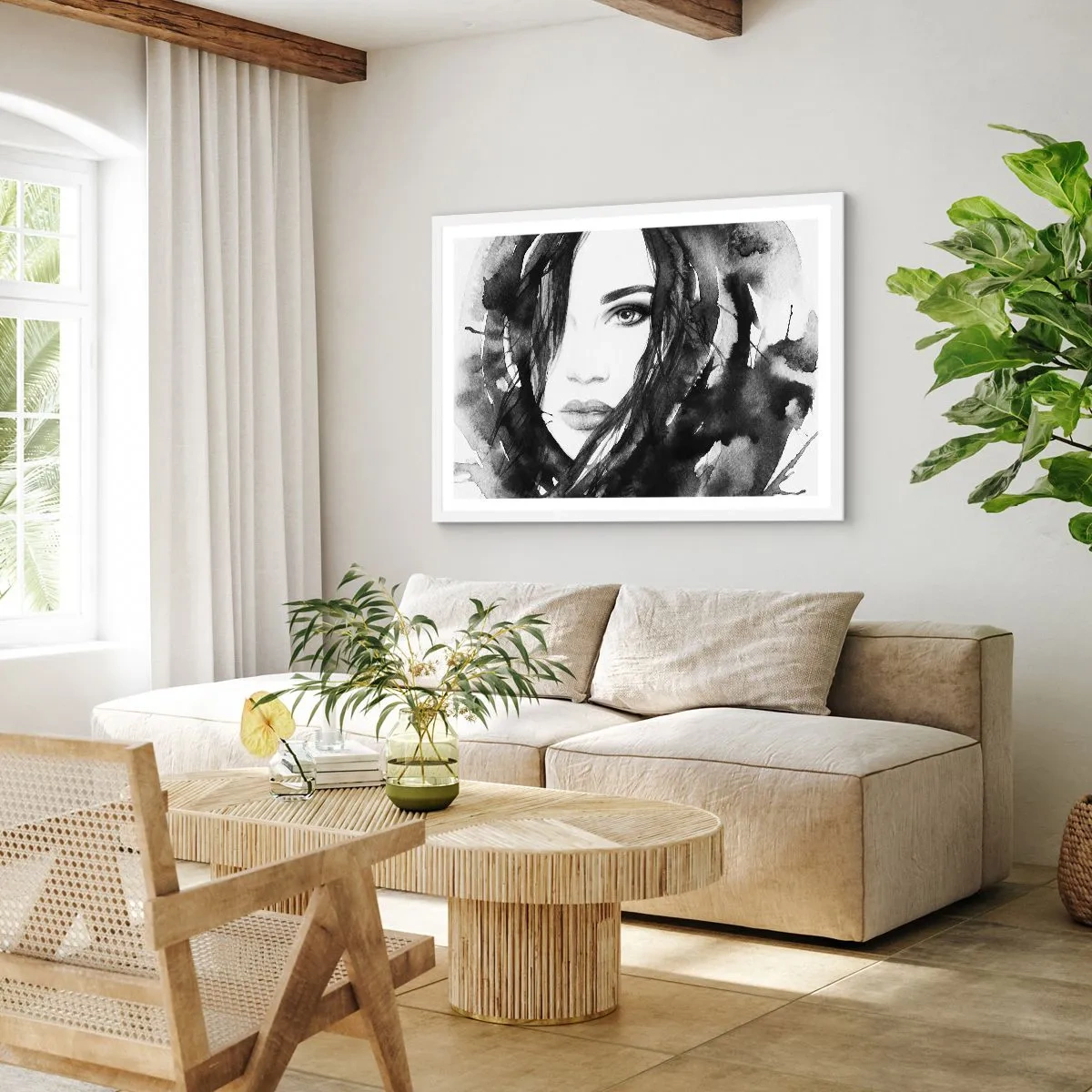Affiche dans un cadre blanc - Poster - Portrait d'une dame en noir et blanc - 40x30 cm