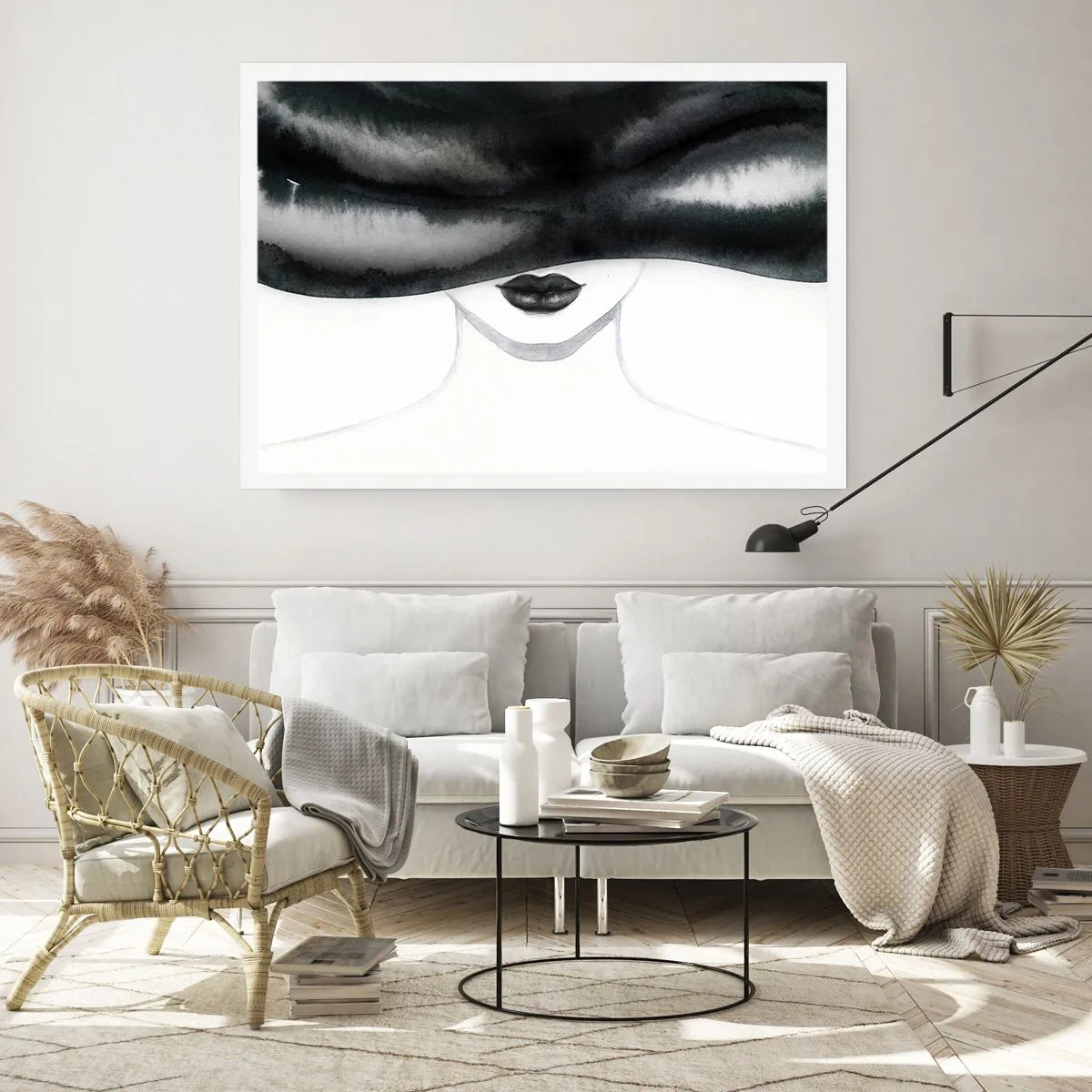 Affiche - Poster - Un portrait subtil d'une femme au visage couvert dans un style monochrome. - 100x70cm - Un mystère sensuel - Décoration murale moderne pour le salon et la chambre ARTTOR