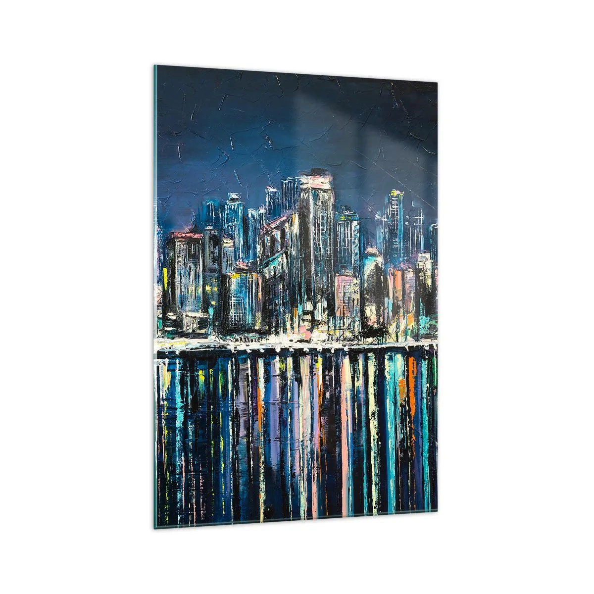Impression sur verre - Image sur verre - Panorama de la ville nocturne reflétée dans l'eau - 70x100cm - Cascade de lumières - Décoration murale moderne pour le salon et la chambre ARTTOR