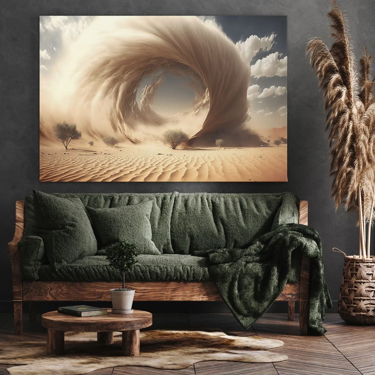 Impression sur toile - Image sur toile - Tourbillon de sable dynamique dans un désert avec des arbres - 100x70cm - Portail ouvert - Décoration murale moderne pour le salon et la chambre ARTTOR