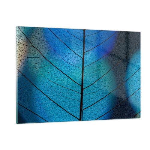 Impression sur verre - Image sur verre - Gros plan d'une feuille bleue montrant la structure des veines. - 120x80cm - Construction complexe - Décoration murale moderne pour le salon et la chambre ARTTOR