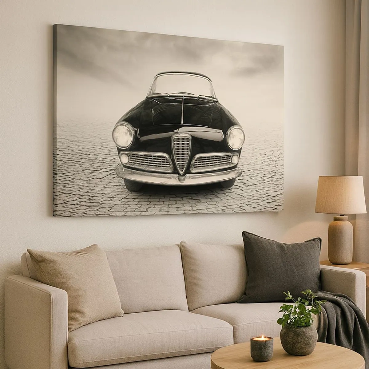 Impression sur toile - Image sur toile - Une voiture classique sur une place pavée dans un style monochrome - 70x50cm - Et alors! Tu ne m'aime pas? - Décoration murale moderne pour le salon et la chambre ARTTOR
