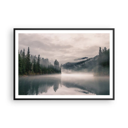 Affiche dans un cadre noir - Poster - Une forêt brumeuse se reflétant dans un lac calme - 100x70cm - Reflet dans le brouillard - Décoration murale moderne pour le salon et la chambre ARTTOR