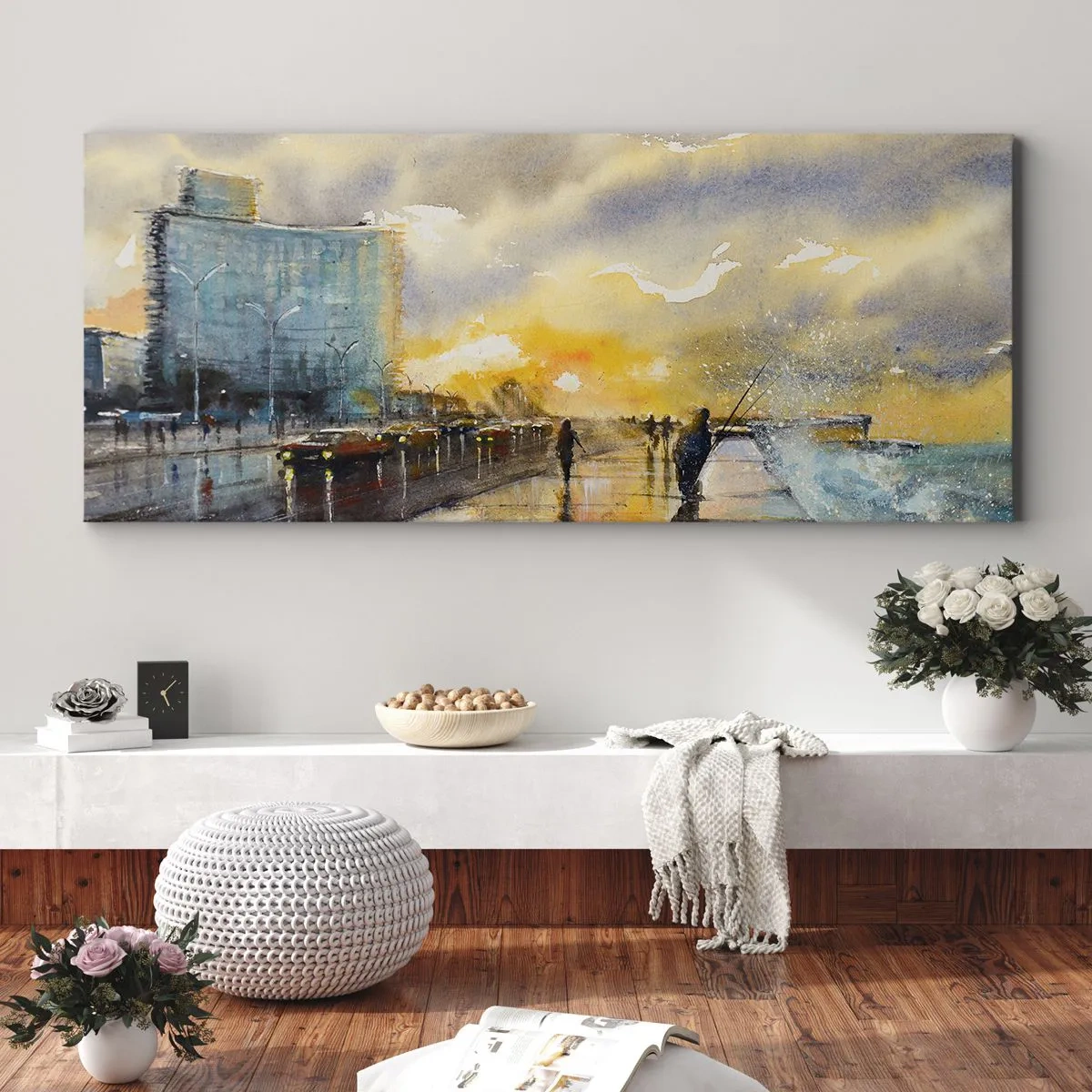 Impression sur toile - Image sur toile - Une vue pittoresque de la promenade en bord de mer au coucher du soleil - 140x50cm - La vie sur le rivage - Décoration murale moderne pour le salon et la chambre ARTTOR
