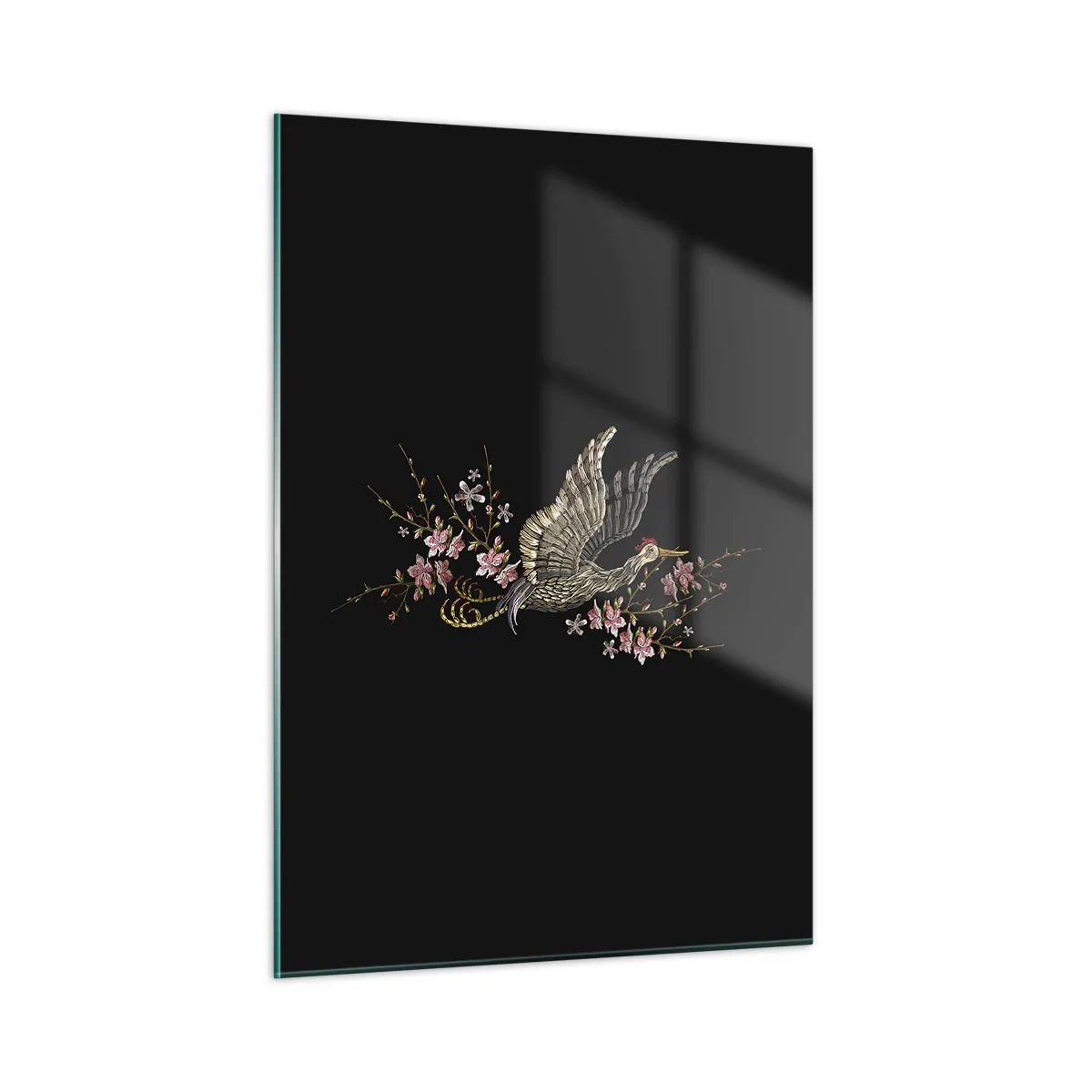 Impression sur verre - Image sur verre - Oiseau brodé en vol avec des fleurs en arrière-plan sur un fond sombre - 50x70cm - Oiseau brodé exotique - Décoration murale moderne pour le salon et la chambre ARTTOR