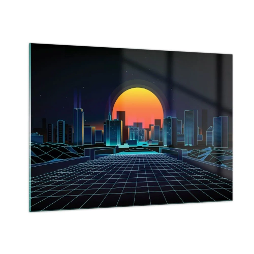 Impression sur verre - Image sur verre - Panorama de la ville futuriste avec coucher de soleil - 100x70cm - Vous voulez toujours passer au réel ? - Décoration murale moderne pour le salon et la chambre ARTTOR