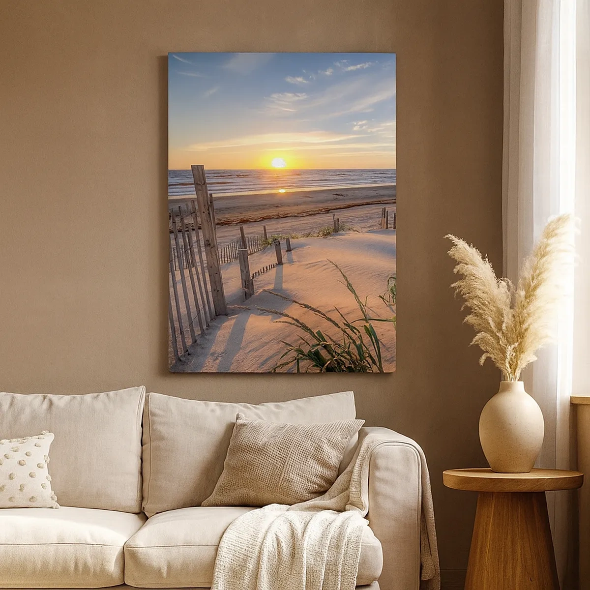 Impression sur toile - Image sur toile - Plage au coucher du soleil avec clôture en bois - 50x70cm - Ombre et brillance du vent - Décoration murale moderne pour le salon et la chambre ARTTOR