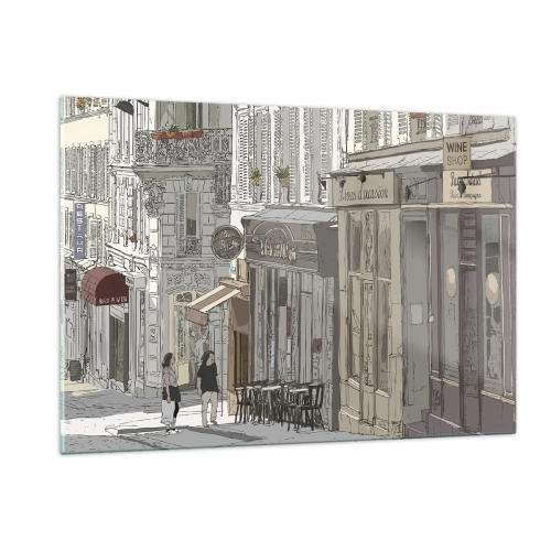Impression sur verre - Image sur verre - Une rue avec des cafés dans un style urbain artistique - 120x80cm - Joie de la ville - Décoration murale moderne pour le salon et la chambre ARTTOR